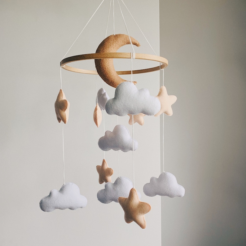 Boho baby mobile , crib baby mobile felt , neutral nursery mobile , moon and star mobile , cloud mobile nursery image 1