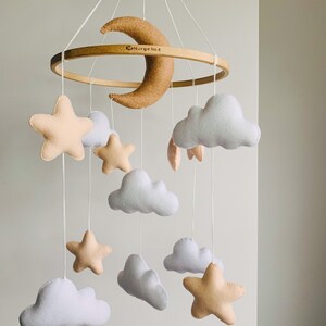 Boho baby mobile , crib baby mobile felt , neutral nursery mobile , moon and star mobile , cloud mobile nursery image 3