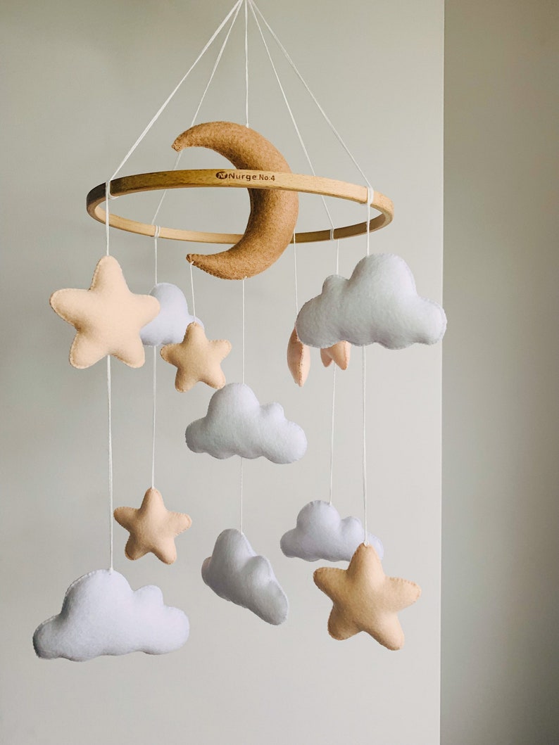 Boho baby mobile , crib baby mobile felt , neutral nursery mobile , moon and star mobile , cloud mobile nursery image 3