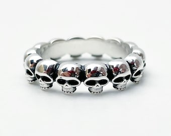 925 Sterling Silver Skull Ring For Men And Women All Around Skulls Punk Gothic Jewelry Solid Biker Ring Gift #002