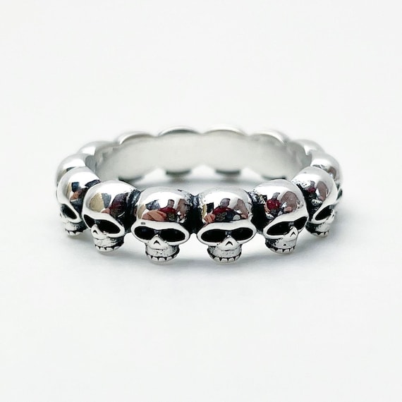 925 Sterling Silver Skull Ring For Men And Women All Around Skulls Punk Gothic Jewelry Solid Biker Ring Gift #002