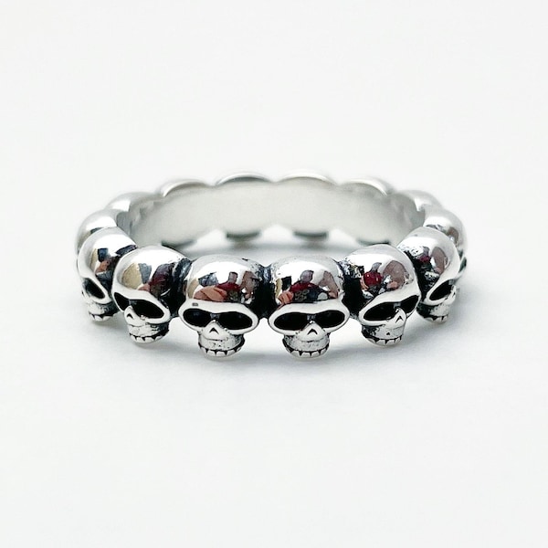 925 Sterling Silver Skull Ring For Men And Women All Around Skulls Punk Gothic Jewelry Solid Biker Ring Gift #002