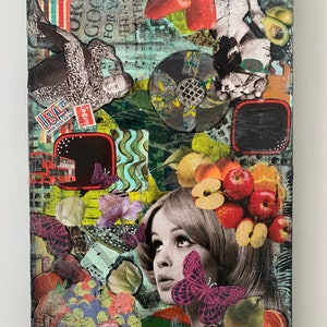 May include: A mixed media collage on canvas with a vintage theme. The artwork includes images of a woman, butterflies, fruit, and musical notes. The color palette features green, red, and pink, with the text "OK GOOD FOR YOU WHEN WHY".