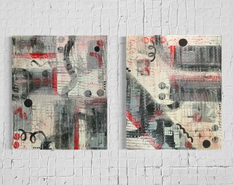 Large Retro 80s Abstract Canvas Diptych, Hand-Painted Acrylic Wall Art