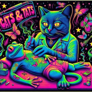 May include: A blue cat with a stethoscope around its neck is giving a green frog a tattoo. The cat is wearing a white lab coat and has a gold chain around its neck. The frog is lying on a table and has a variety of colorful tattoos on its body. The background is black with stars and butterflies.
