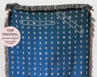 Personalized Word Search Cotton Blanket - Navy, Unique Customizable Hidden Message Gift for Mom, Couple Cotton Anniversary Puzzle Tapestry
