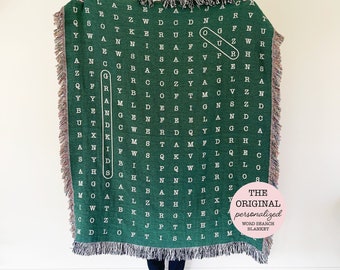 Green Personalized Word Search Cotton Blanket, Unique Customizable Family Name Present, Couple Cotton Anniversary, Grandparent Christmas