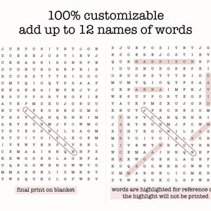 May include: A printable word search puzzle with the text "100% customizable add up to 12 names of words". The puzzle features the words "HARRISON", "JON", "HAM", "QUEEN", "PAT", "F", "MA", "AN", "DAVID", "SL", "MOM", and "J". The text "final print on blanket" appears at the bottom left of the puzzle. The text "words are highlighted for reference only the highlight will not be printed" appears at the bottom right of the puzzle.