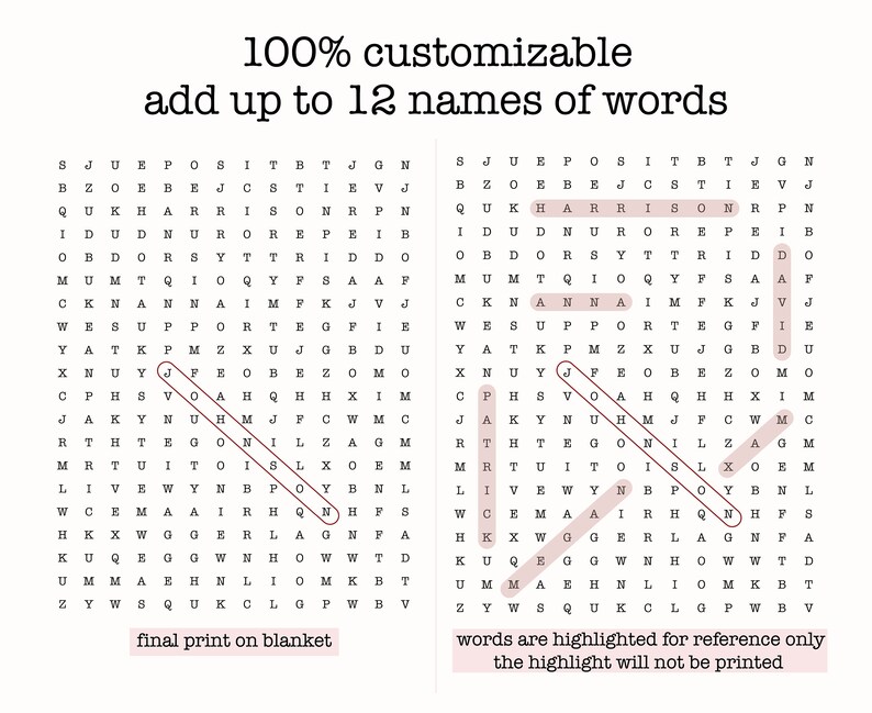 May include: A printable word search puzzle with the text "100% customizable add up to 12 names of words". The puzzle features the words "HARRISON", "JON", "HAM", "QUEEN", "PAT", "F", "MA", "AN", "DAVID", "SL", "MOM", and "J". The text "final print on blanket" appears at the bottom left of the puzzle. The text "words are highlighted for reference only the highlight will not be printed" appears at the bottom right of the puzzle.