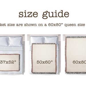 May include: Three different sizes of woven blankets are shown on a queen-sized bed. The blankets are 37x52 inches, 50x60 inches, and 60x80 inches.