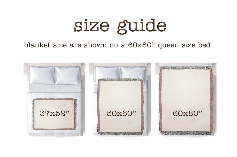 May include: Three different sizes of woven blankets are shown on a queen-sized bed. The blankets are 37x52 inches, 50x60 inches, and 60x80 inches.