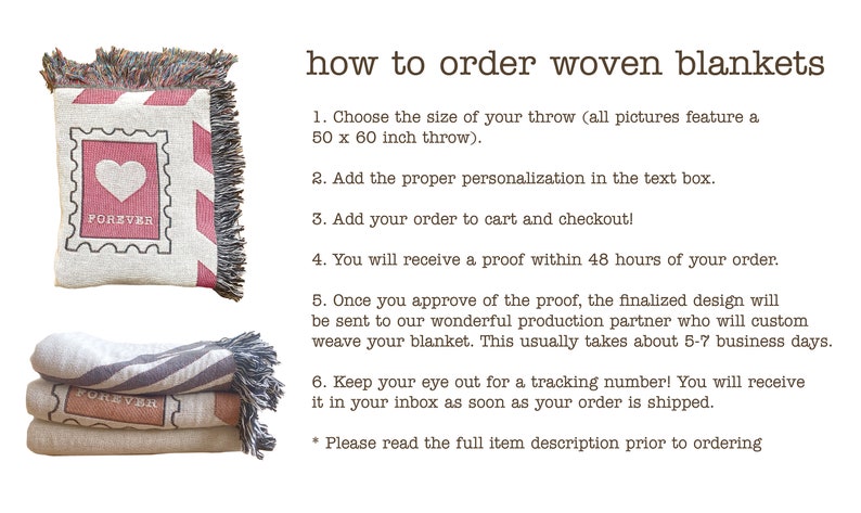 May include: How to order woven blankets. Two examples of woven blankets with the word "FOREVER" on them. One blanket is red and white with a heart and the other is gray and white with stripes. The blankets are 50 x 60 inches.