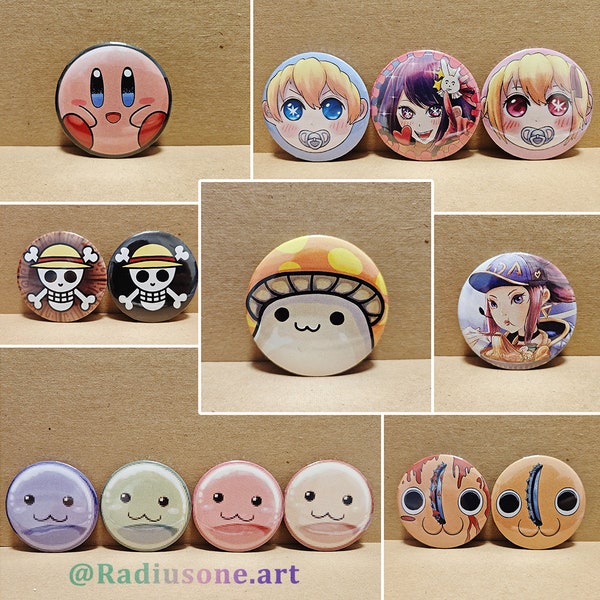 Cute Fan Art Anime and Game Pinback Buttons Badges 58mm (2.25 in.) large pins, One Piece, Maplestory, Oshinoko, Pochita, League of Legends