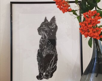 Black Cat Lino Print