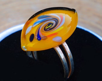 Adjustable Murano Glass Ring: Handmade Yellow Galaxy Statement Ring