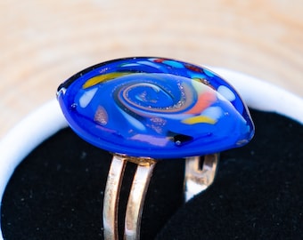 Blue celestial ring, Colorful statement ring, Lampwork bead, Adjustable ring, Gift for her, Mothers Day gift