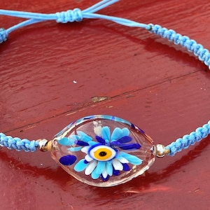 Glass Charm Bracelet, Evil Eye Bracelet, Blue Nazar Bracelet, Evil Eye Charm, Protection Bracelet, Good Luck Bracelet, Flower Bracelet