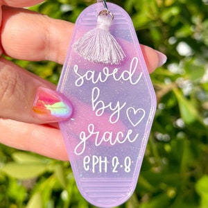 Purple Saved By Grace Christian Keychain: Glitter Tassel Gift