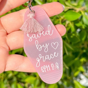 Pink Glitter Christian Keychain: Saved By Grace, Tassel Accent