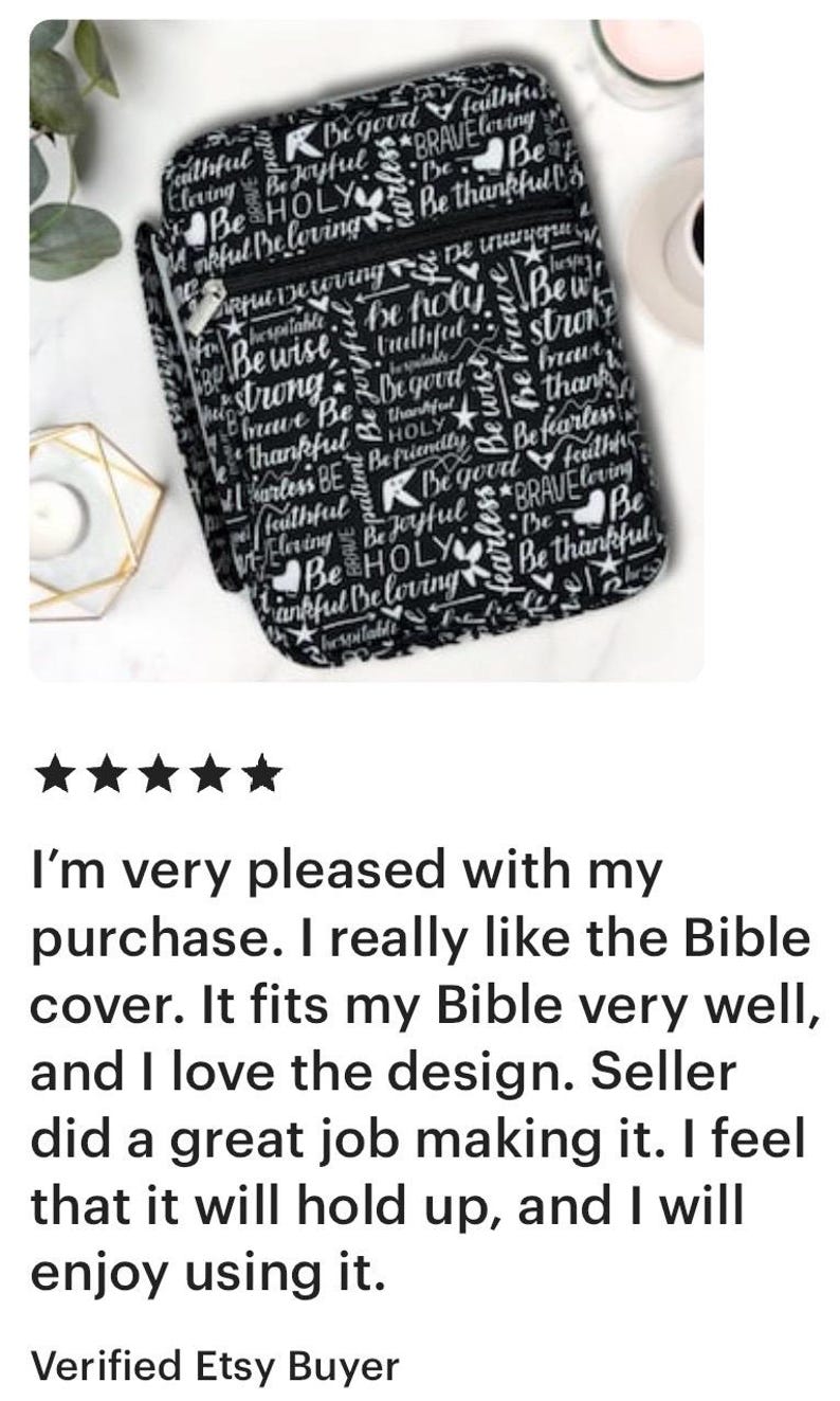 May include: Black Bible cover with a white zipper and a white print of inspirational words and phrases. The words include "Be Holy", "Be Joyful", "Be Brave", "Be Thankful", and "Be Loving".