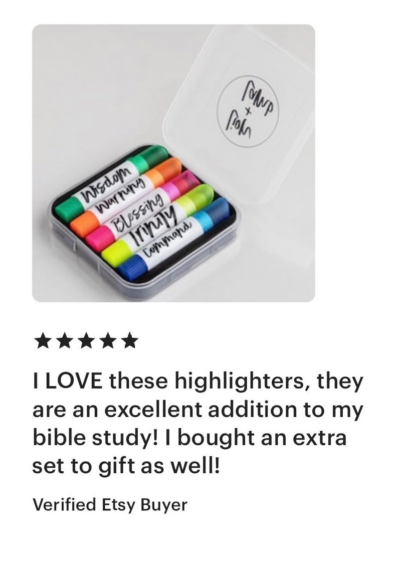 May include: A set of six colorful highlighters in a clear plastic case. The highlighters are labeled with the words "Wisdom", "Warning", "Blessing", "Trinity", and "Command".