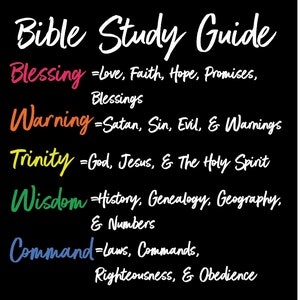 May include: A black and white image with the text "Bible Study Guide" at the top. The text is in a white, handwritten font. Below the title, there are five words in different colors: "Blessing", "Warning", "Trinity", "Wisdom", and "Command". Each word is followed by an equals sign and a definition. The definitions are in white, handwritten font.