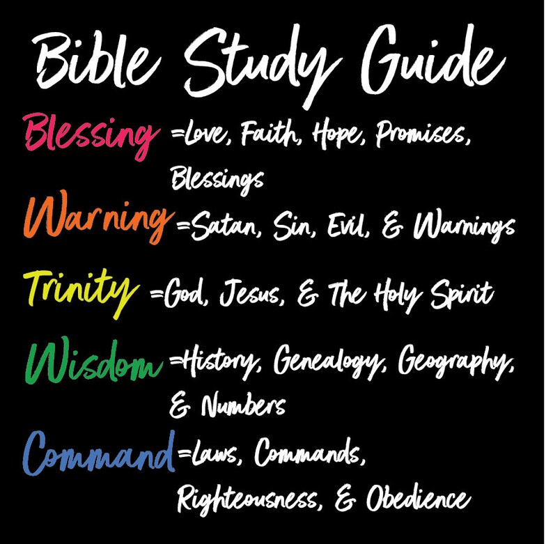May include: A black and white image with the text "Bible Study Guide" at the top. The text is in a white, handwritten font. Below the title, there are five words in different colors: "Blessing", "Warning", "Trinity", "Wisdom", and "Command". Each word is followed by an equals sign and a definition. The definitions are in white, handwritten font.