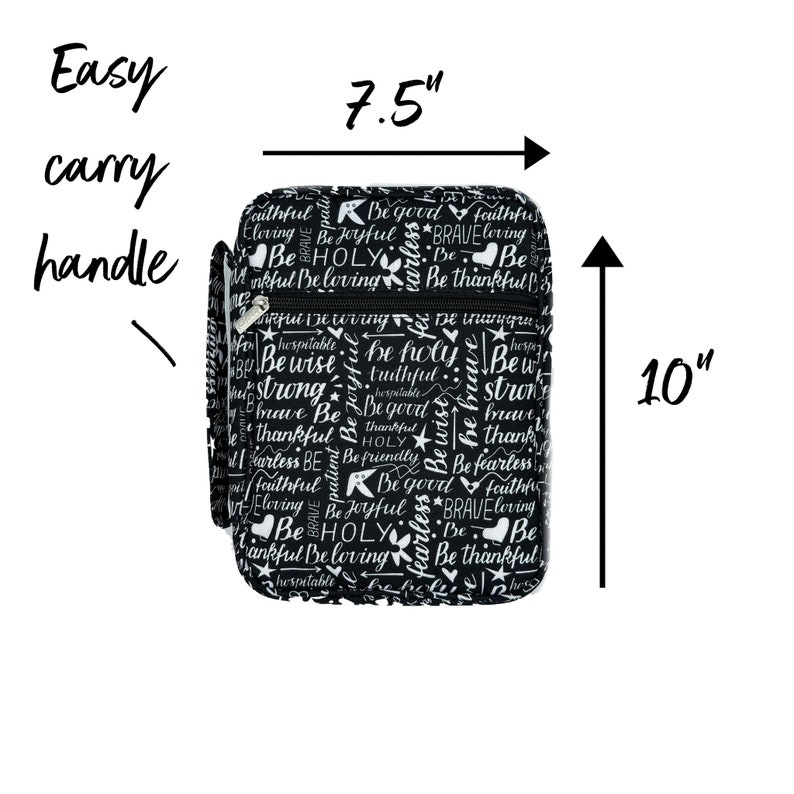 May include: Black crossbody bag with a white print of inspirational words and phrases. The bag measures 7.5 inches wide and 10 inches tall.
