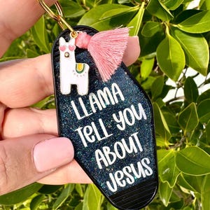 Llama Jesus Glitter Motel Keychain: Christian Gift with Tassel