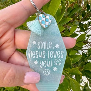 Blue Glitter Christian Keychain: Smile Jesus Loves You, Tassel Gift