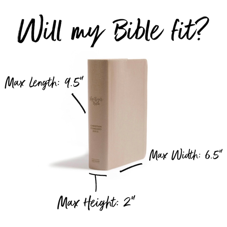 May include: A beige Bible with the text "She Reads Bible" and "Christian Standard Bible" on the cover. The Bible measures 9.5 inches long, 6.5 inches wide, and 2 inches high.