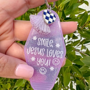Purple Glitter Motel Keychain: Christian Gift with Tassel