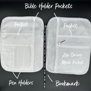 May include: White zippered organizer with two large pockets labeled "Pocket" and a mesh pocket labeled "Zip Closure Mesh Pocket". The organizer also has pen holders and a bookmark.