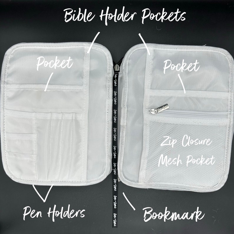 May include: White zippered organizer with two large pockets labeled "Pocket" and a mesh pocket labeled "Zip Closure Mesh Pocket". The organizer also has pen holders and a bookmark.
