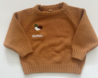 unisex baby toddler hand embroidered sweatshirt, duck sweatshirt, mallard sweatshirt, kids clothes, kids sweater, kids jumper, custom name