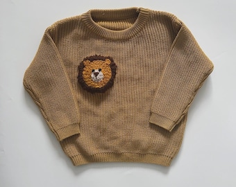 Hand embroidered lion sweatshirt for kids, gender neutral baby sweater, unisex toddler jumper, baby gift, baby boys clothes, baby girl