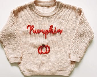 hand embroidered baby knit sweatshirt, baby Halloween sweatshirt, baby pumpkin embroidered sweatshirt, baby Halloween outfit, baby autumn