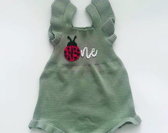 Baby girl first birthday outfit, baby girl first birthday romper, baby girl ladybug romper, baby girl ladybird romper, baby first birthday
