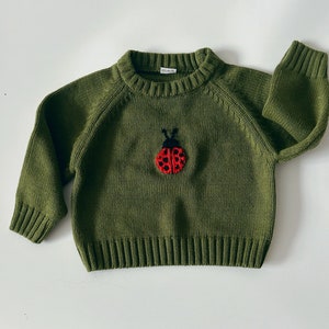 Hand embroidered ladybird kids knitted sweater, kids and baby clothing, kids sweatshirt, baby gift, baby knits, baby ladybug, kids clothes