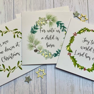 Pack of Christian Christmas cards.  Beautiful hand foiled and embellished Christmas wreaths surrounding Christmas messages. Luxury  cards