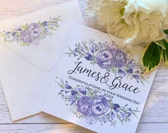Personalised wedding card with  bright lilac flowers and delicate rhinestones. Congratulations. On your wedding day. Matching envelope.