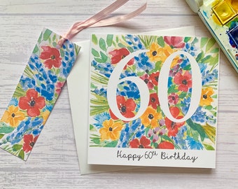 Tarjeta personalizada para 60 cumpleaños: acuarela floral, etiqueta de regalo