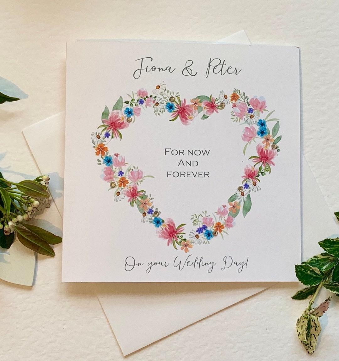 Personalized Wedding Card: Watercolor Floral Heart, Rhinestone Details