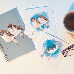 Cahier A5 Oiseaux. Cadeau pour les amateurs d'oiseaux, cadeau pour les amateurs de papeterie, oiseaux aquarelles, moineau, colombe, perruche ondulée et mésange des saules plus cartes