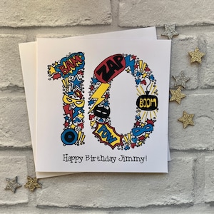 Carte personnalisée pour 10 ans de super-héros. Illustration aquarelle de style dessin animé du nombre 10.