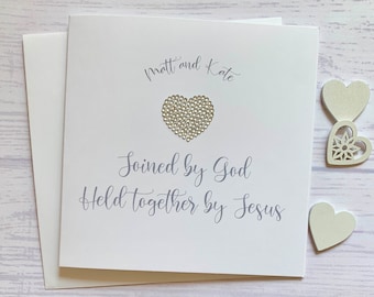 Personalised Christian wedding card with the words 'Joined by God, held together by Jesus,' and embellished with a diamanté heart.