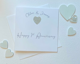 Personalised anniversary  card  with the couples name nd the number of years they are celebrating.  Embellished with a diamanté heart.