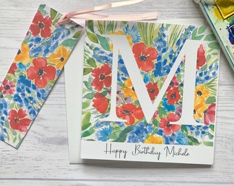 Stunning initial M (A-Z available) personalised  card and pretty gift tag. Colourful flowers surrounding the initial initial.