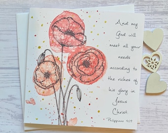 Carte de versets bibliques aquarelle coquelicots : Philippiens 4.19
