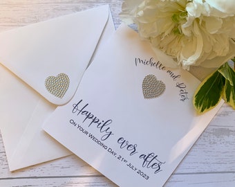 Personalised wedding card with the words 'Happily Ever After' and embellished with a diamanté heart.